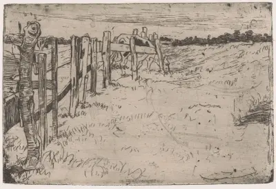 Grasende Kuh an einem Zaun auf einer Wiese von Pieter Dupont