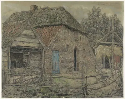 Grote boerenschuur, met een varkenshok ervoor av Pieter Dupont