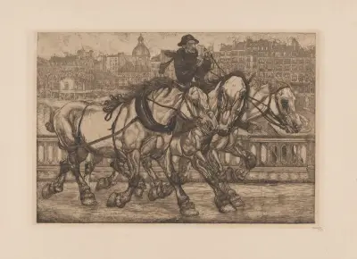 Pferde auf der Pont Sully in Paris von Pieter Dupont