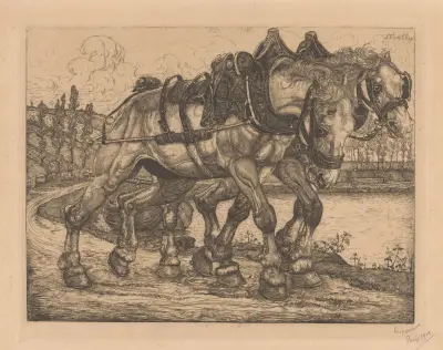 Två dragshästar längs Marne av Pieter Dupont