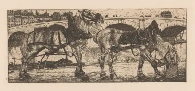 Två draghästar vid Seine i Paris av Pieter Dupont