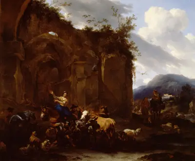 En hovslagare och bönder vid romerska ruiner av Nicolaes Pietersz. Berchem