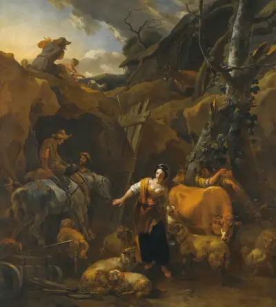 Italienskt bergslandskap med mjölkflickor och andra figurer av Nicolaes Pietersz. Berchem