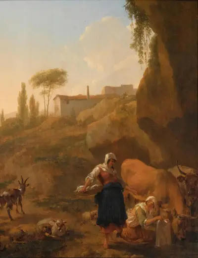 A Rocky Southern Landscape With Two Peasant Women And Their Flock And Cattle Halting Near A Stream av Nicolaes Pietersz. Berchem