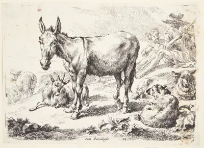 Åsna och getter av Nicolaes Pietersz. Berchem