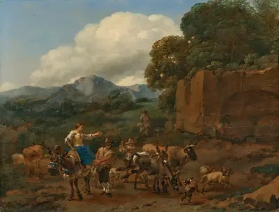 Italienskt landskap med herdinna på åsna och herde som driver boskap på en bergsväg vid ruiner av Nicolaes Pietersz. Berchem