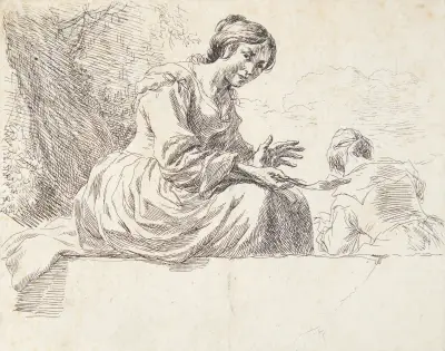 Bondflicka sittande på en sten (titelblad till Får) av Nicolaes Pietersz. Berchem