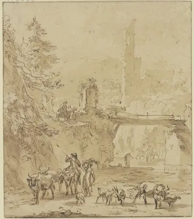 Burgruine, über dem Wasser ein Steg im Vordergrund, Hirte zu Esel und Hirten zu Fuß mit Vieh av Nicolaes Pietersz. Berchem