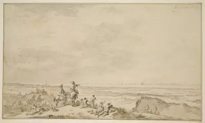 Dynlandskap med sjöslag i fjärran av Nicolaes Pietersz. Berchem