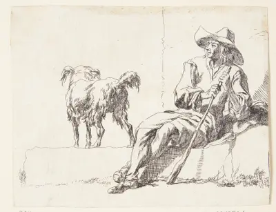 En herde med sin hund, titelblad till Geder av Nicolaes Pietersz. Berchem