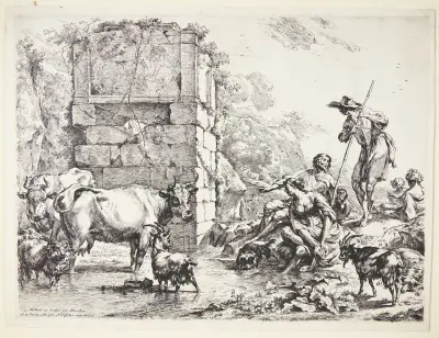 En herde vattnar sina djur vid en igenvuxen ruin av Nicolaes Pietersz. Berchem