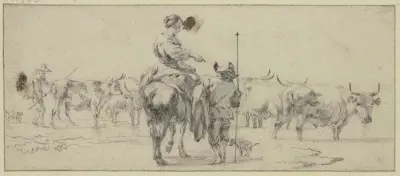 Herde till häst, två herdar till fots, vid en kohjord av Nicolaes Pietersz. Berchem
