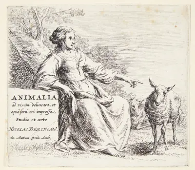 Herdeflicka med ett får. Titelblad till Får av Nicolaes Pietersz. Berchem