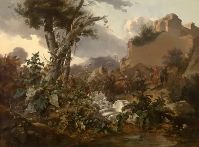 Italian Landscape with a Cavalry Battle av Nicolaes Pietersz. Berchem