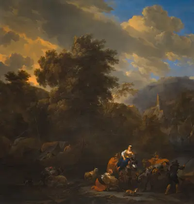 Italienskt landskap med figurer och packdjur på flodstranden av Nicolaes Pietersz. Berchem