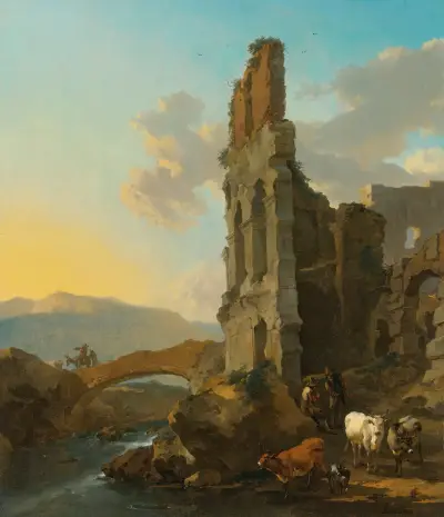 Italienskt flodlandskap med herdar vid ruinerna av en amfiteater och bönder som korsar en bro av Nicolaes Pietersz. Berchem