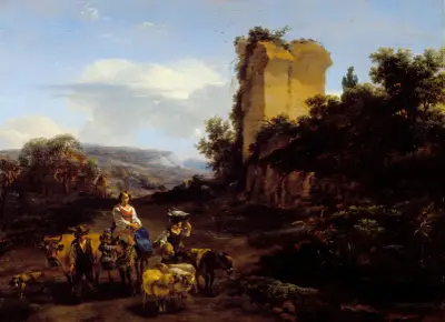 Landskap med ruiner och resenärer av Nicolaes Pietersz. Berchem