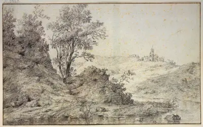 Landskap med vatten, på kullen herde och herdinnan med boskap av Nicolaes Pietersz. Berchem