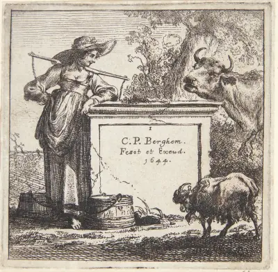 Mjölkpiga lutad mot en piedestal av Nicolaes Pietersz. Berchem
