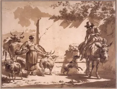 Mulåsnedrivare och herdinna med boskap vid en fontän av Nicolaes Pietersz. Berchem