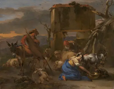 Herdescén med en herdinnna som mjölkar en get av Nicolaes Pietersz. Berchem