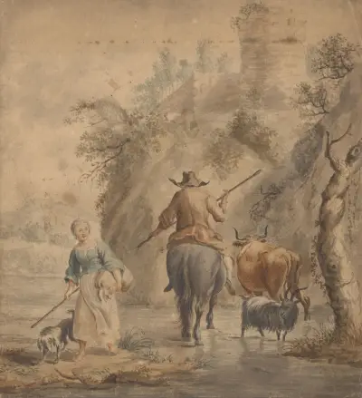 Rivierlandschap met een ruiter, vrouw en vee av Nicolaes Pietersz. Berchem