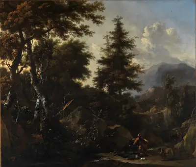 Ravin i bergsskog med motiv från Gamla testamentet av Nicolaes Pietersz. Berchem