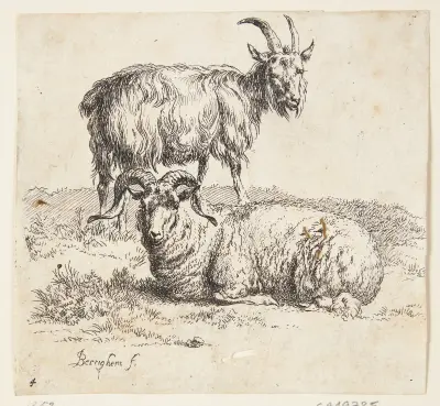 Stående get och liggande bagge av Nicolaes Pietersz. Berchem
