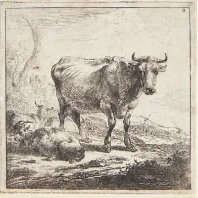 Stående ko och liggande getter och får av Nicolaes Pietersz. Berchem