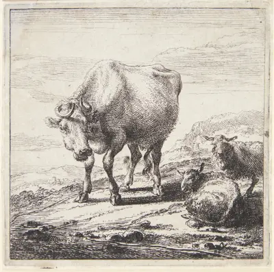 Stående ko och två liggande får av Nicolaes Pietersz. Berchem