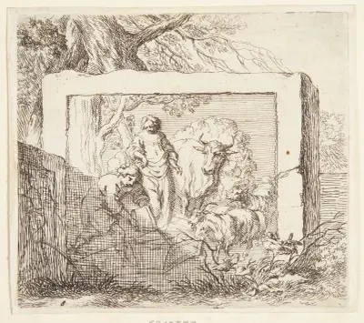 Stenblock med en relief föreställande en herde som häller vatten i ett tråg av Nicolaes Pietersz. Berchem
