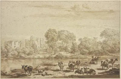 T’Huys te Brederode, vorn eine Kuhherde mit einer Melkerin av Nicolaes Pietersz. Berchem