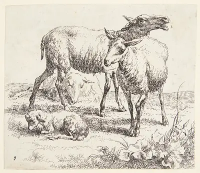 To stående får og et lam av Nicolaes Pietersz. Berchem