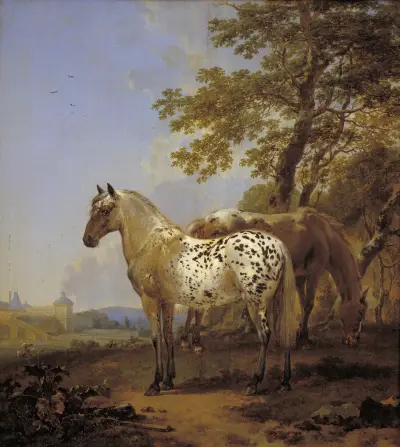 Två hästar i ett landskap av Nicolaes Pietersz. Berchem