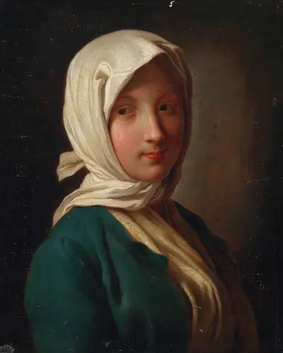 A girl in a blue jacket and white headscarf av Pietro Rotari