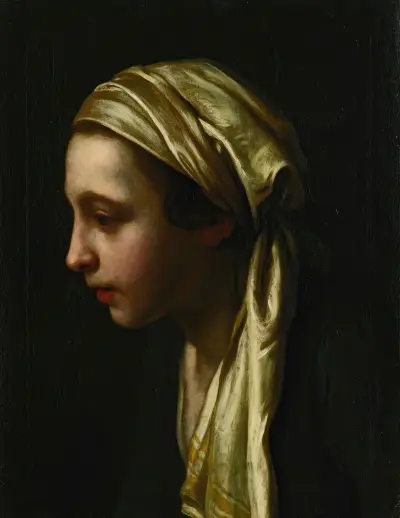A Peasant Girl In Profile Wearing A White Scarf av Pietro Rotari