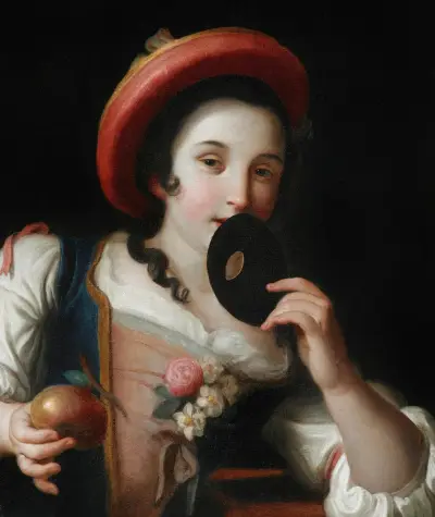 A young woman holding a mask and a pomegranate av Pietro Rotari