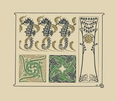 Abstract design based on seahorses, fish, lizards, tiny leaves. von Maurice Pillard Verneuil