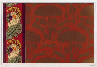 Cacatoès, bordure. Chiens, chevrettes et marcassins, cuir gaufré et doré av Maurice Pillard Verneuil