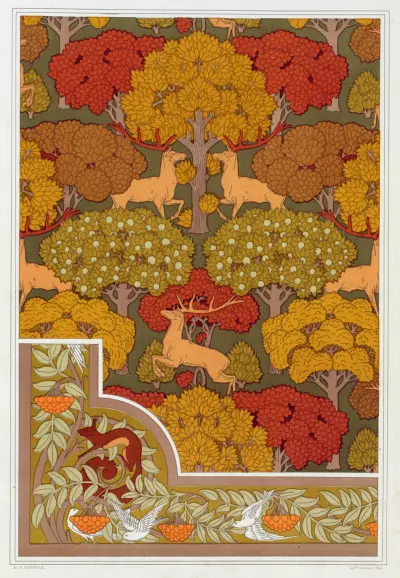 Hjortar och träd, tapet. Ekorre, fåglar och rönn, bård. av Maurice Pillard Verneuil