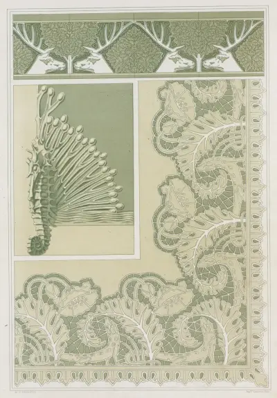 Cerfs et noisetiers, bordure, carreaux céramiques; hippocampe et algues, pied de coffret, bronze; lézards et pavots, broderie av Maurice Pillard Verneuil