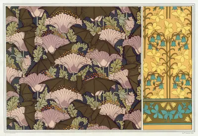 Chauves-souris et pavots, tenture. Papillons et campanules, papier peint. av Maurice Pillard Verneuil