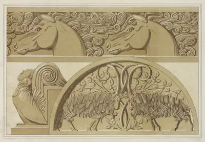 Chevaux, frise en pierre. Coq, amortissement. Boucs, tympan en pierre sculptée. av Maurice Pillard Verneuil
