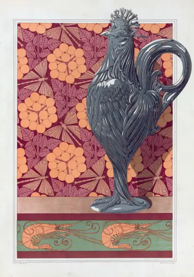 Coq, vase argent ciselé. Ombelles et libellules, jeu de fond. Crevettes, bordure. von Maurice Pillard Verneuil
