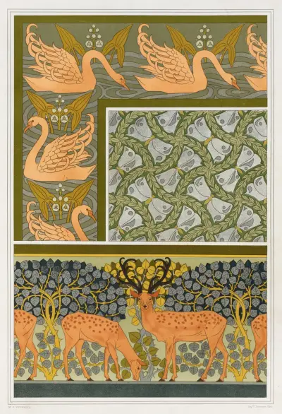 Cygnes et sagittaire, bordure. Pappillons et feuillages, étoffe. Cerfs et biches, frise. av Maurice Pillard Verneuil