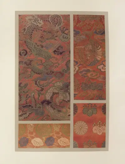 Dragon ; oiseaux et plantes stylisées ; feuilles et rosaces ; paulownia et rosaces av Maurice Pillard Verneuil
