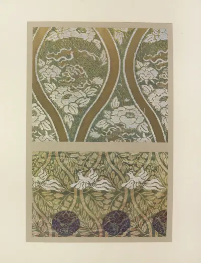Dragons et pivoines ; feuillages et oiseaux au vol av Maurice Pillard Verneuil