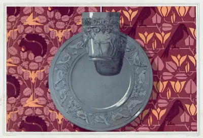 Écureuil, oiseaux et noisetier, tenture. Chèvre et vigne, gobelet argent. Corbeaux et magnolia, tenture. av Maurice Pillard Verneuil