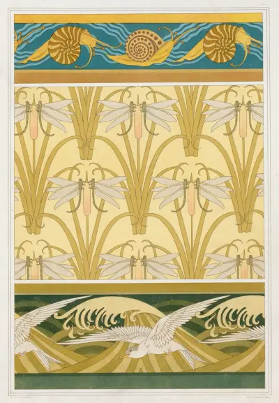 Escargots, bordure. Libellule et roseaux, papier peint. Mouettes, bordure. av Maurice Pillard Verneuil