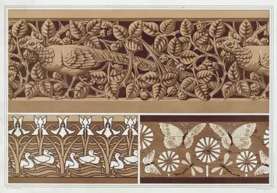 Faisan et ronces, bois sculpté à jour. Papillons et libellules, marqueterie. Canards et iris, pochoir. av Maurice Pillard Verneuil